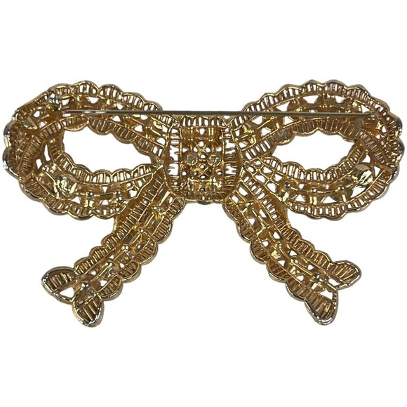 Vintage Large Clear Rhinestone Bow Brooch Gold Tone Pin 3 3/4 Inch L N - Picture 7 of 10